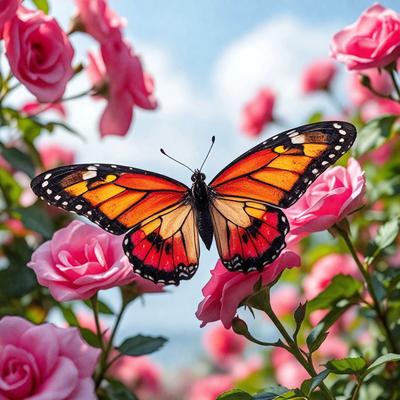 The primary subject of the image is a butterfly, which is perched on a pink flower. The setting is a garden with a variety of pink flowers, creating a beautiful and serene atmosphere. The visual style of the image is a photo, capturing the delicate details of the butterfly and the flower. The colors and mood of the image are predominantly pink, which adds a sense of warmth and tranquility to the scene.
